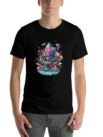 Vibrant Cartoon Creature Graphic Black T-Shirt
