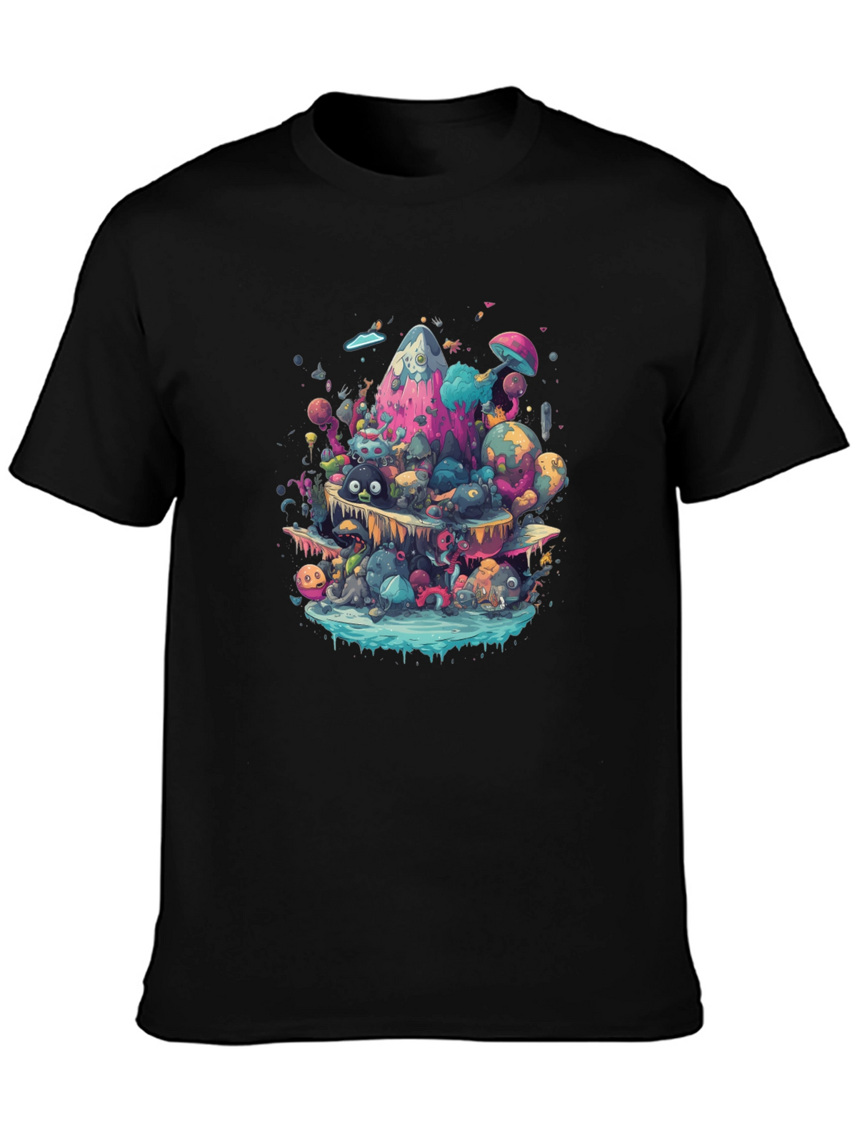 Vibrant Cartoon Creature Graphic Black T-Shirt