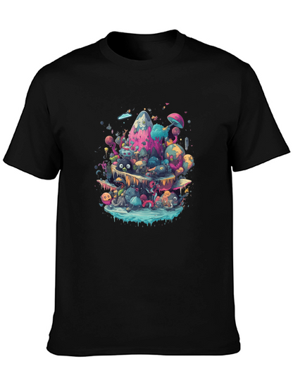 Vibrant Cartoon Creature Graphic Black T-Shirt