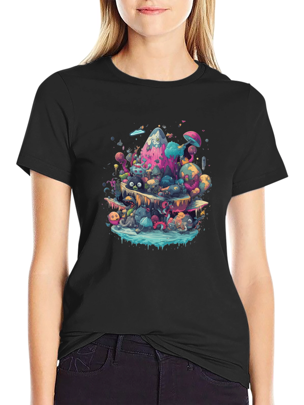 Vibrant Cartoon Creature Graphic Black T-Shirt