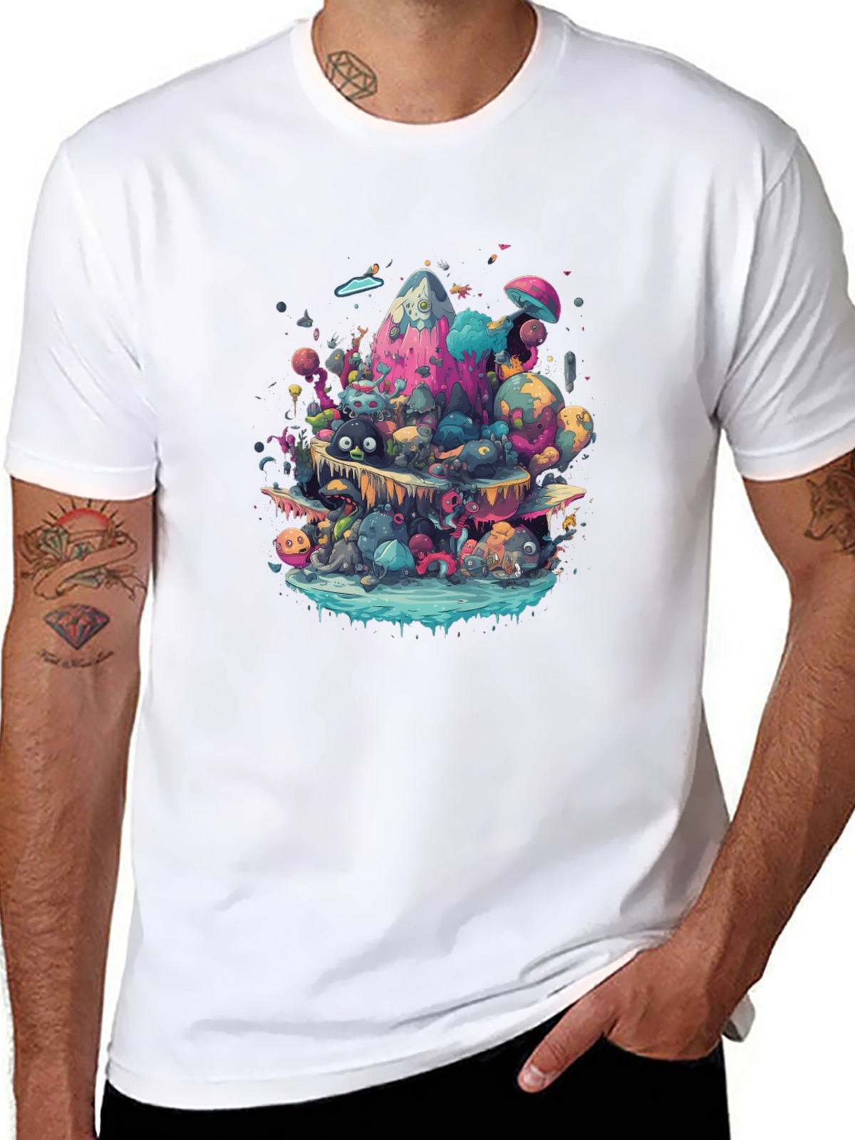 Vibrant Cartoon Creature Graphic Black T-Shirt