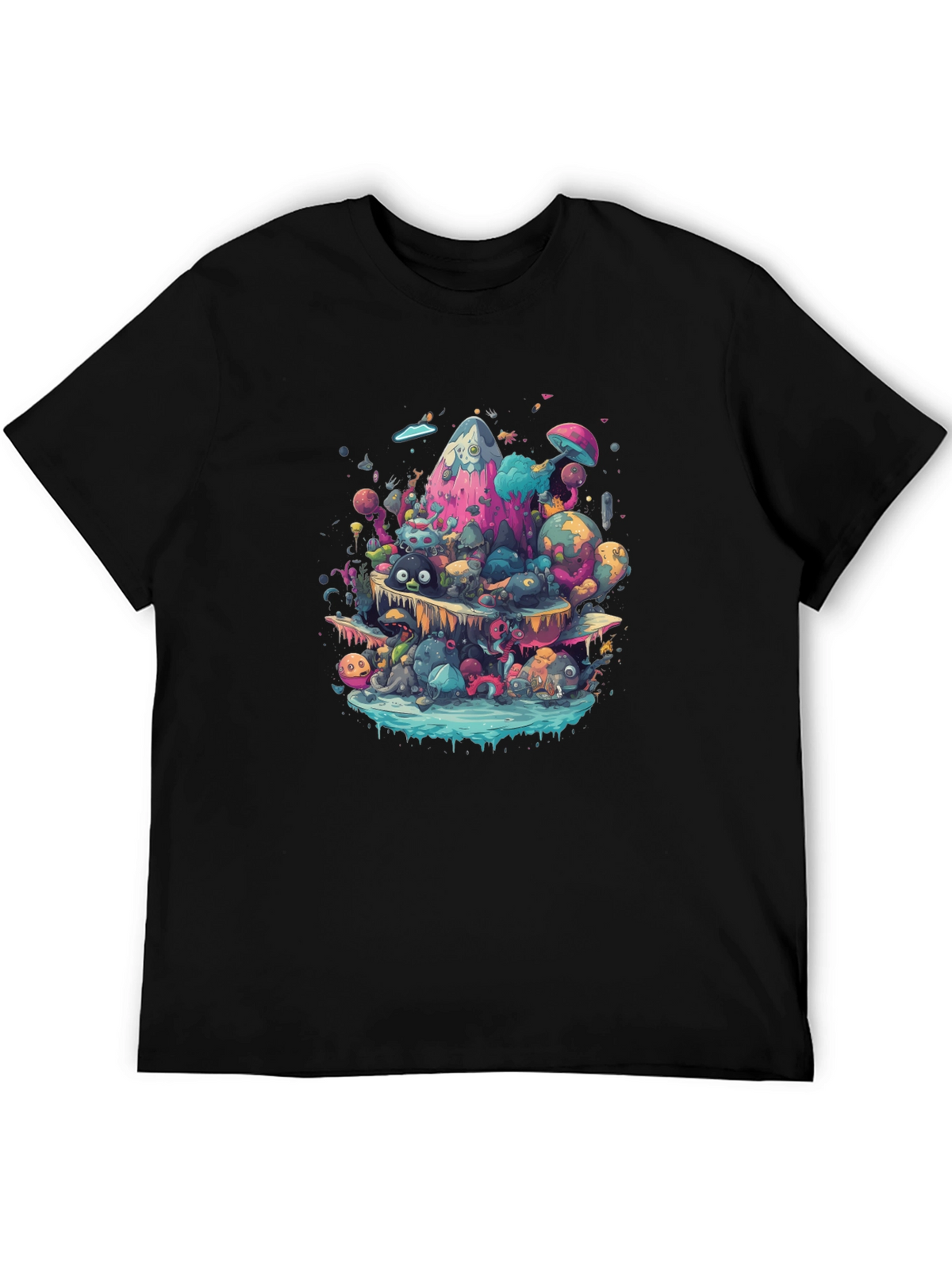 Vibrant Cartoon Creature Graphic Black T-Shirt