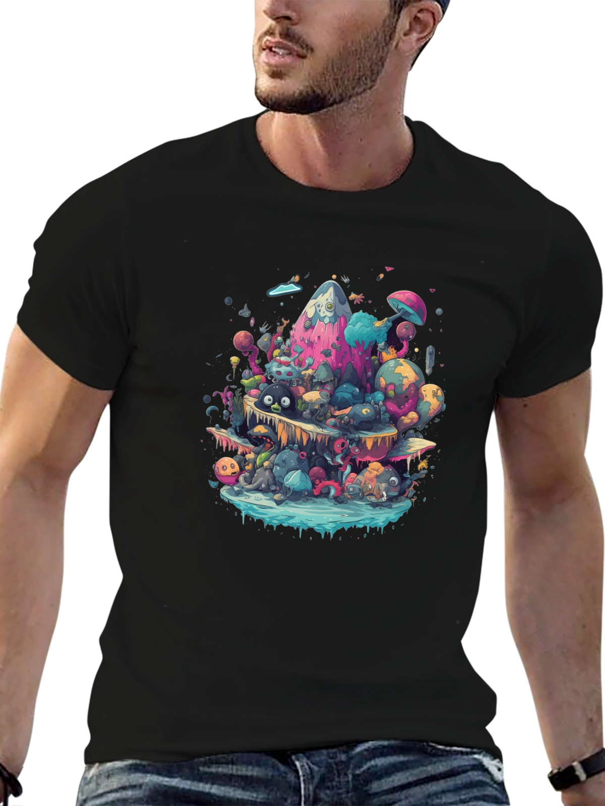 Vibrant Cartoon Creature Graphic Black T-Shirt