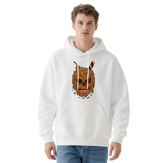 Melting Chocolate Ice Cream Skull Cute White Hoodie, Soft Unisex Sweet Style Top
