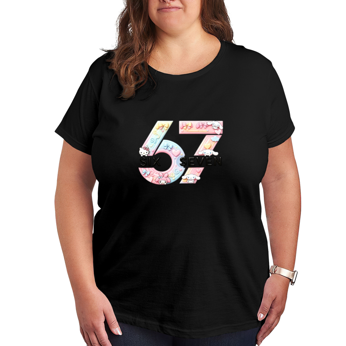 Plus Size Women Pastel 67 Sanrio Friends Cute Character Print Women Tee