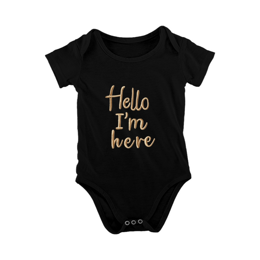 Hello I'm Here Embroidery Black Baby Onesie, Minimalist Newborn Coming Home Outfit