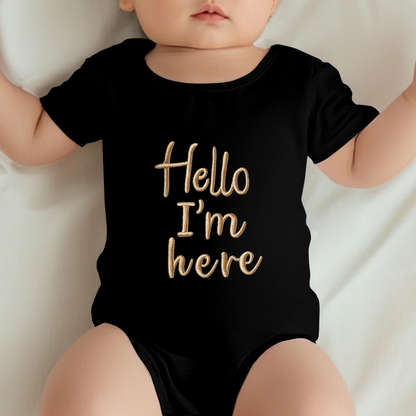 Hello I'm Here Embroidery Black Baby Onesie, Minimalist Newborn Coming Home Outfit
