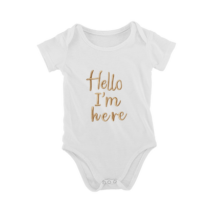 Hello I'm Here Embroidery Black Baby Onesie, Minimalist Newborn Coming Home Outfit