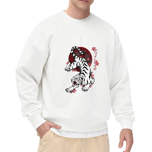Japanese White Tiger Cherry Blossom Street Crewneck Sweatshirt