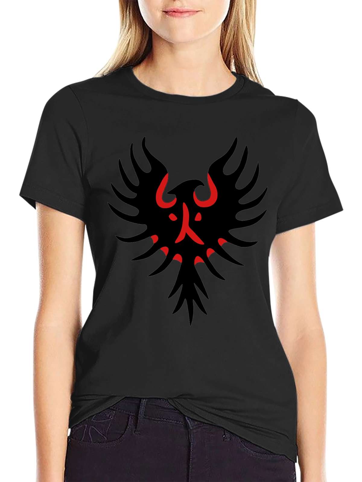 Black T-Shirt with Red & Black Bird Graphic