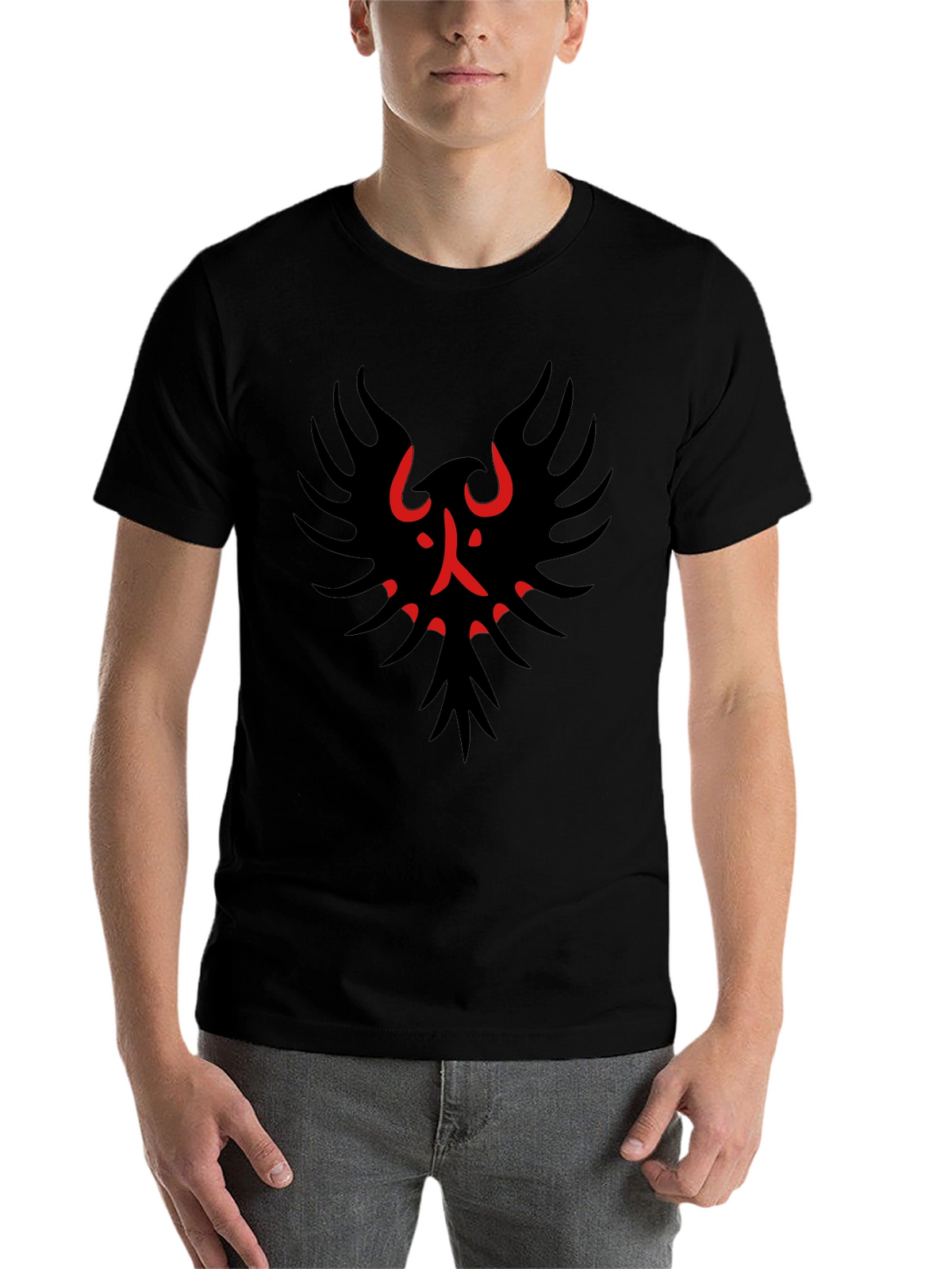 Black T-Shirt with Red & Black Bird Graphic