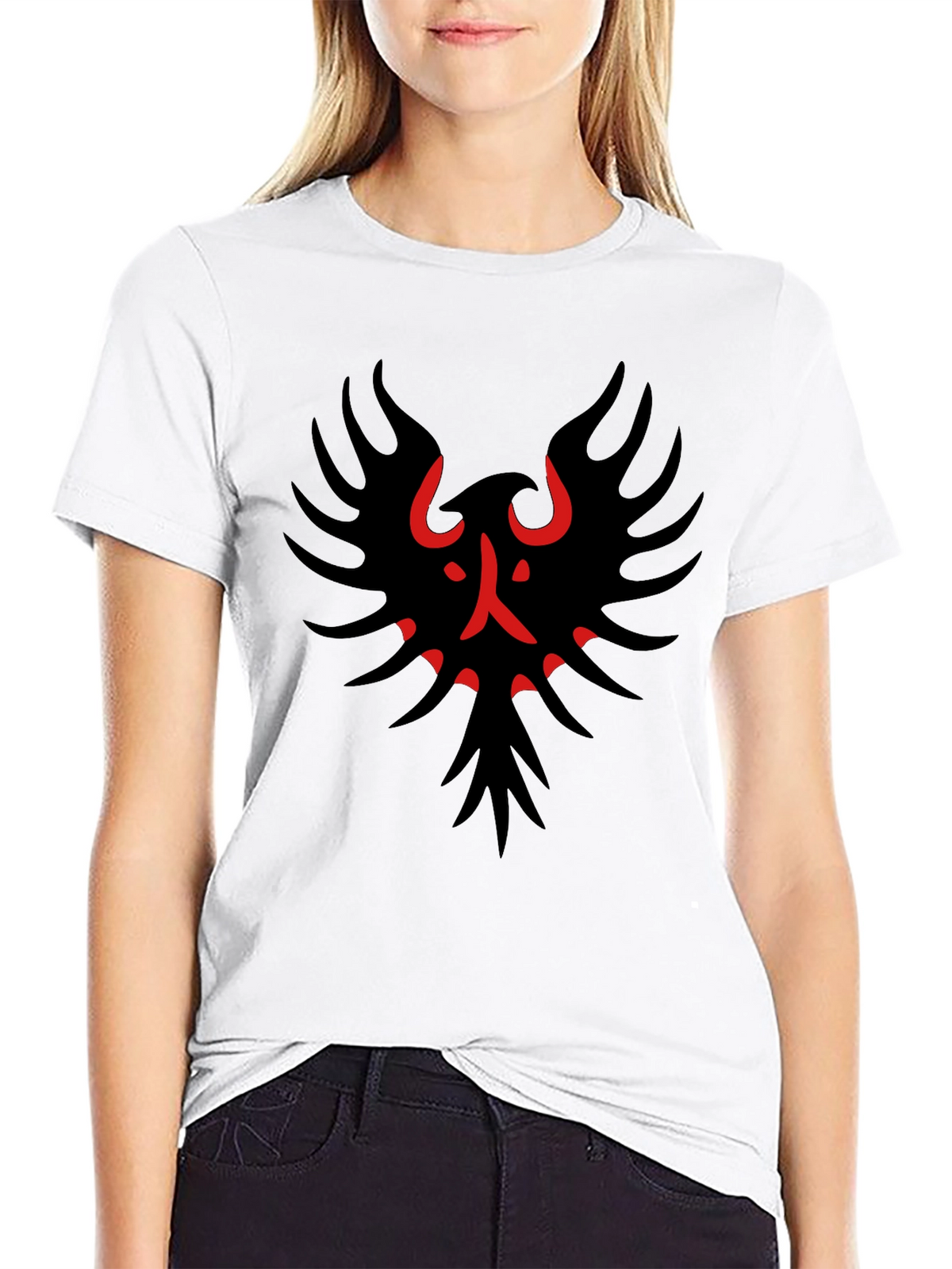 Black T-Shirt with Red & Black Bird Graphic