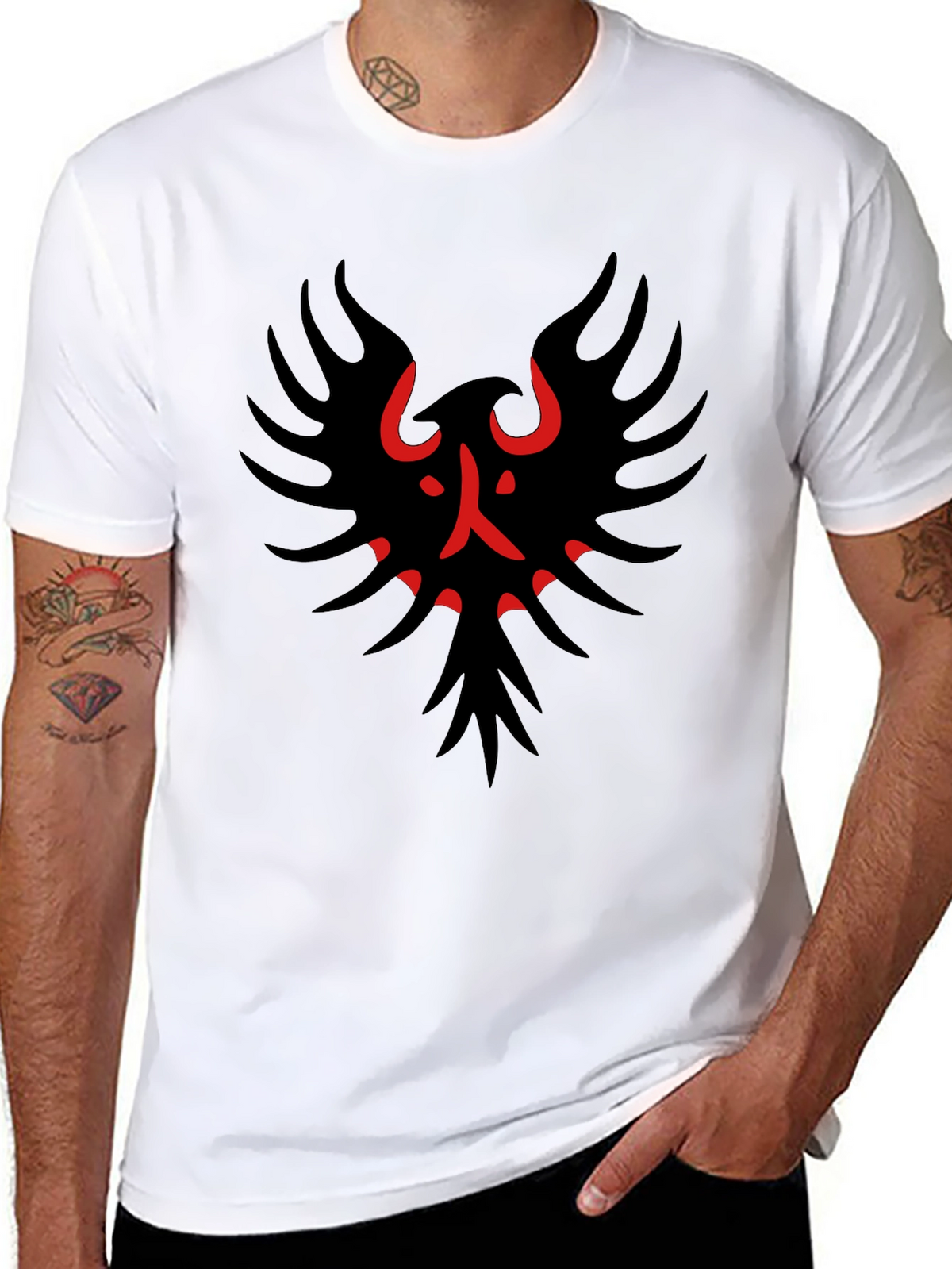Black T-Shirt with Red & Black Bird Graphic