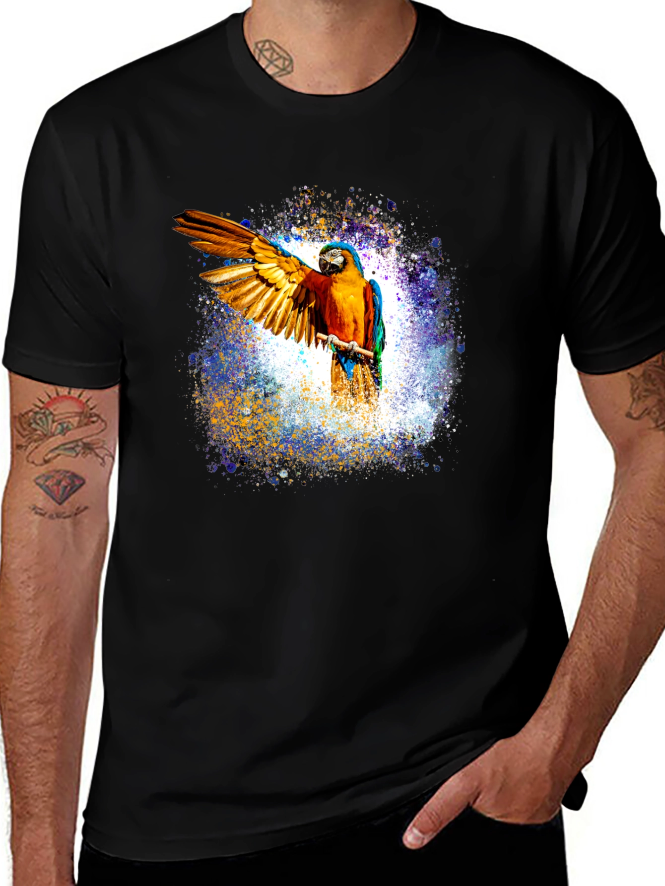 Macaw Parrot Graphic Black T-Shirt