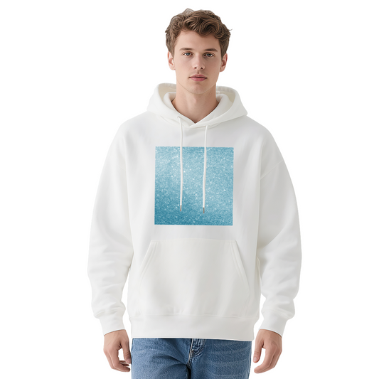 Blue Glitter Square Minimal White Hoodie, Light Comfort Simple Daily Hooded Top