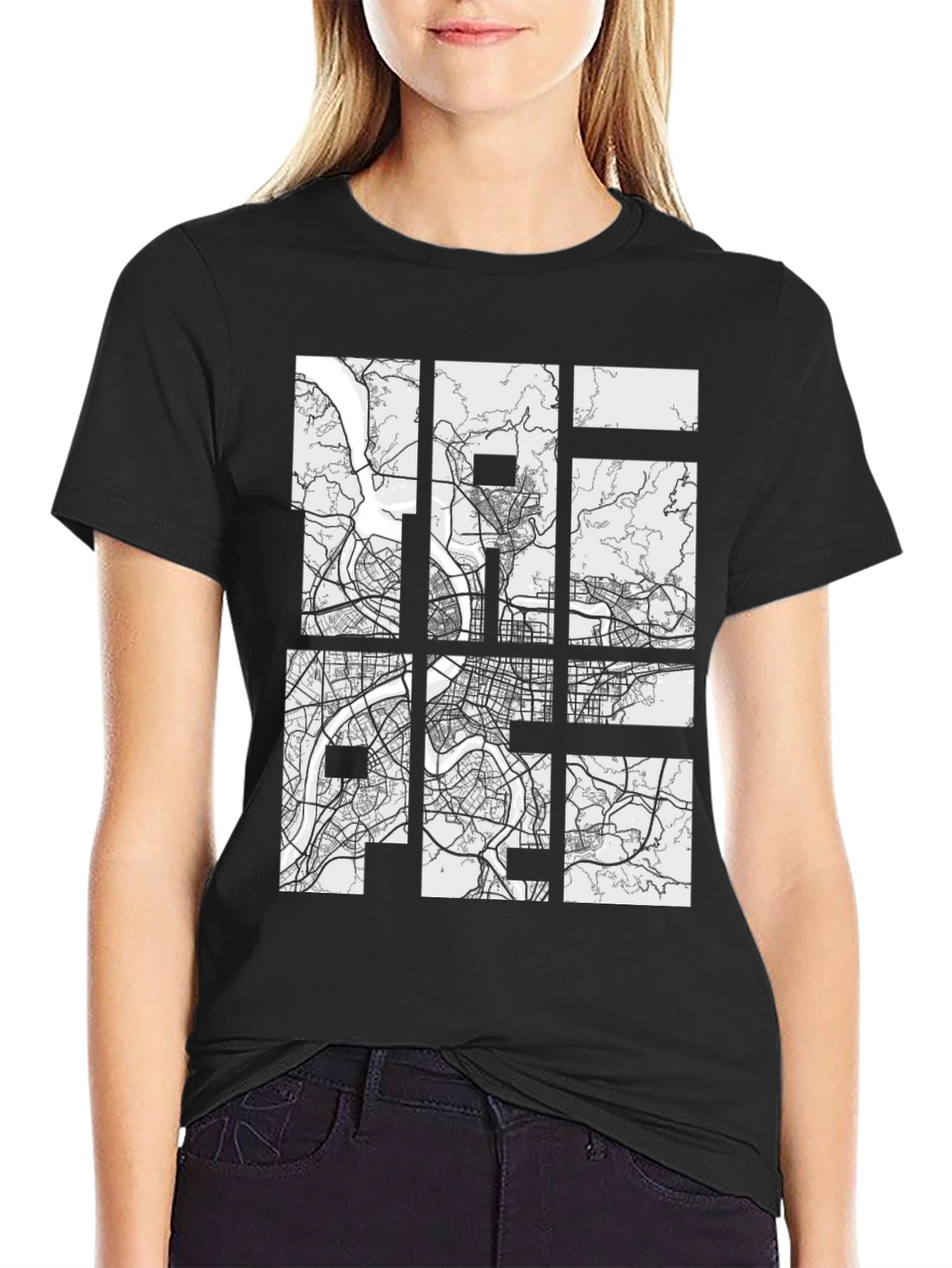 Modern City Map Grid Graphic Tee - Black