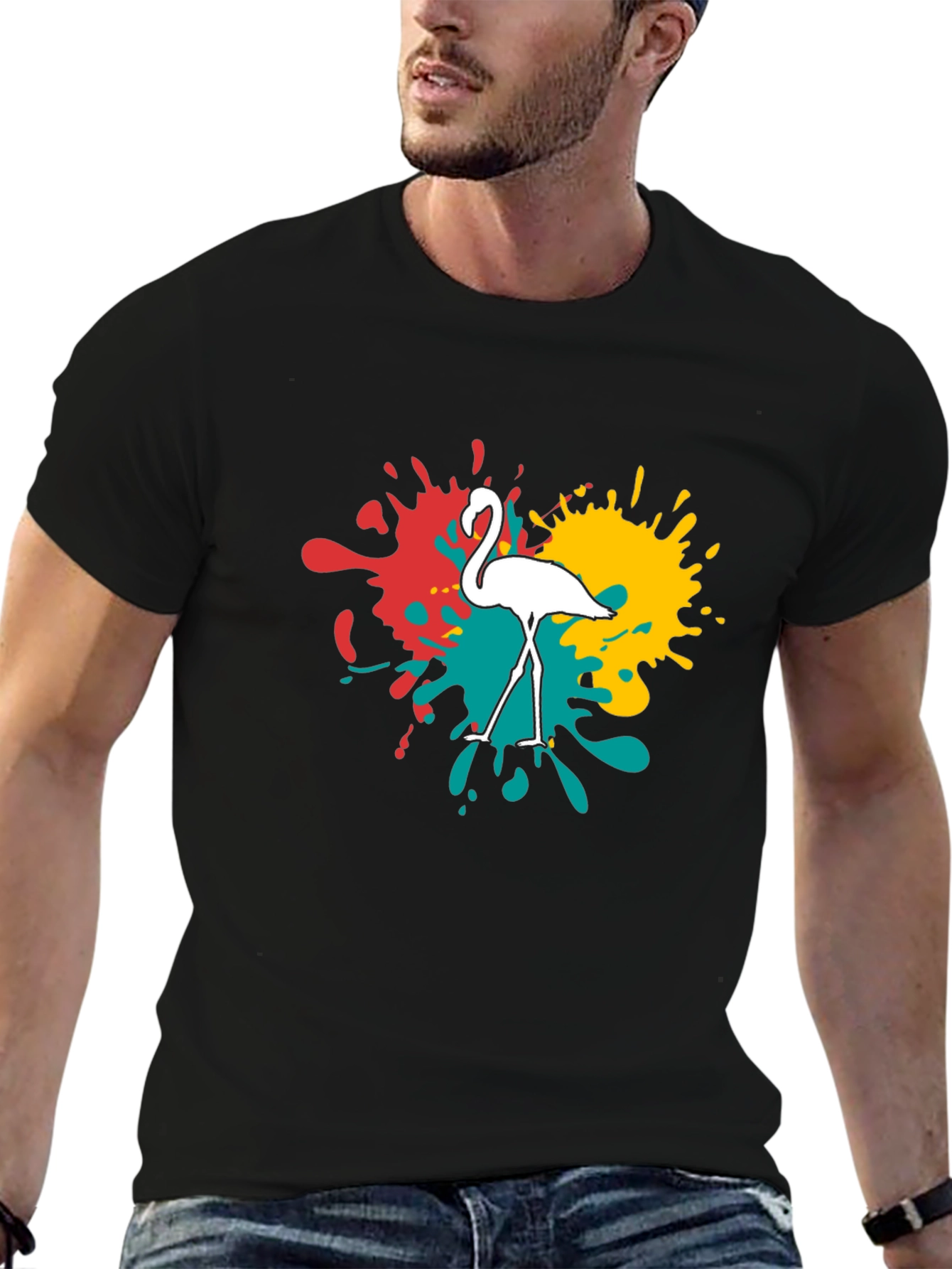 Flamingo Splatter Graphic T-Shirt - Black