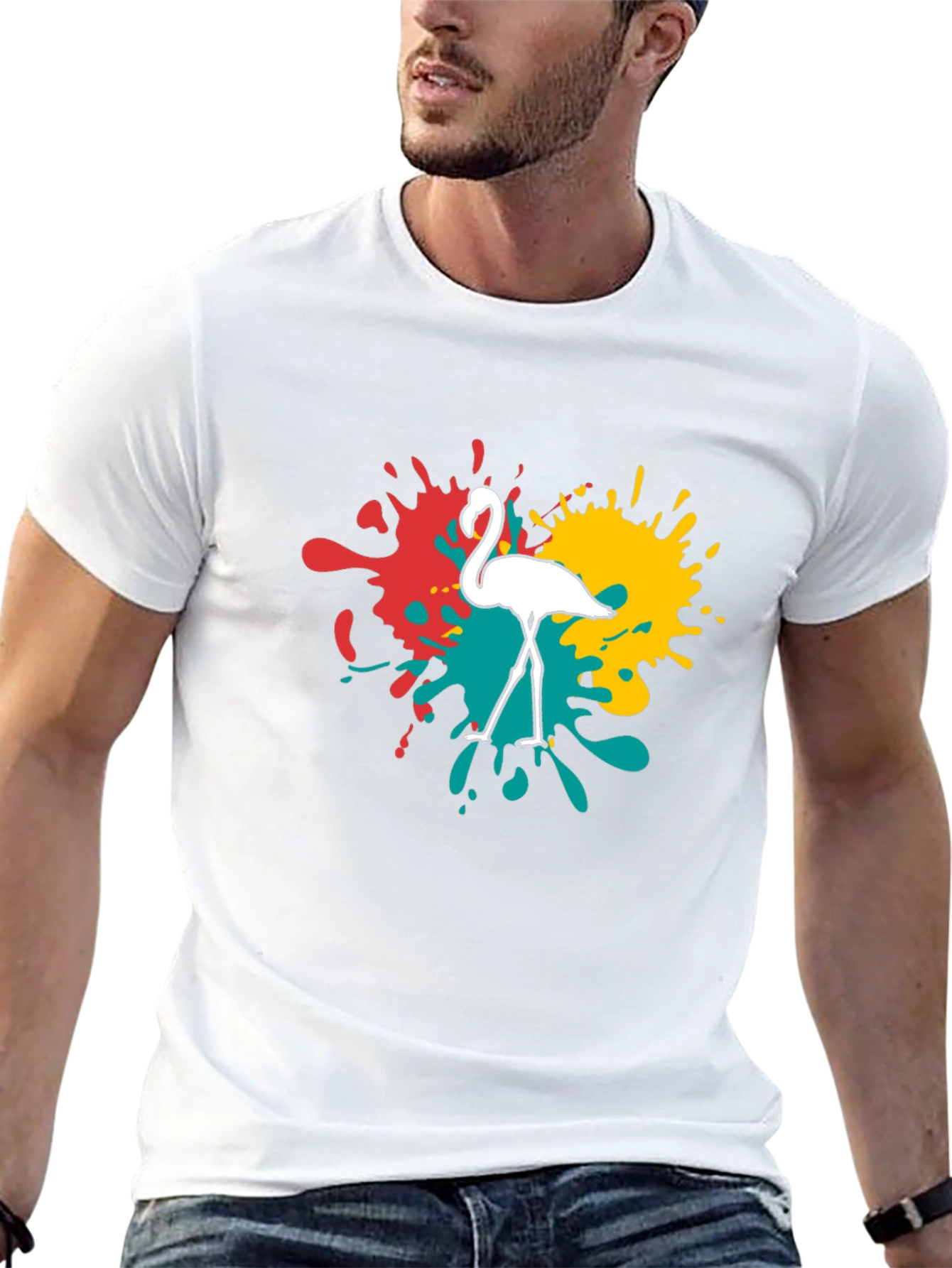 Flamingo Splatter Graphic T-Shirt - Black