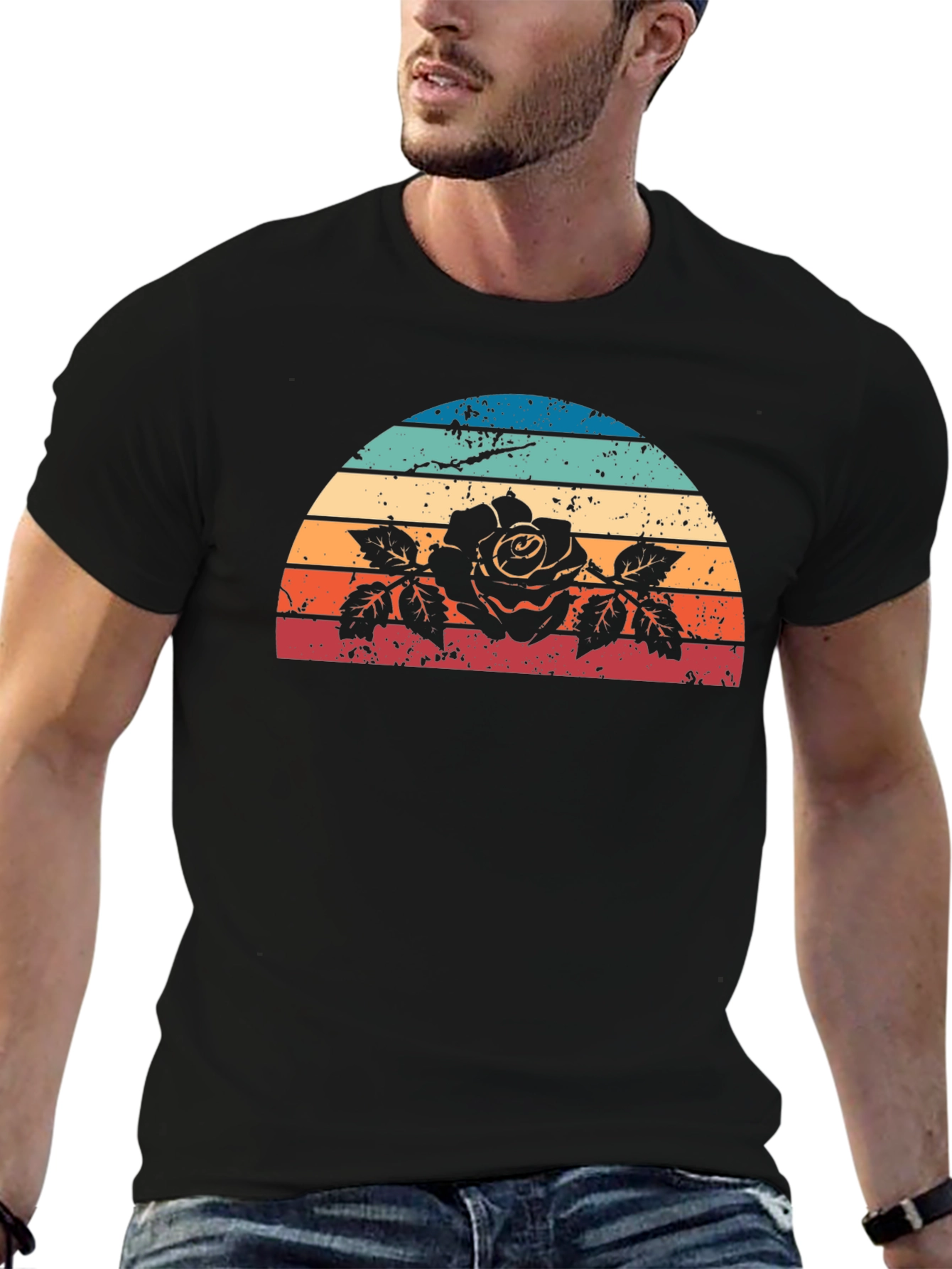 Retro Rose Sunset Graphic Tee - Black
