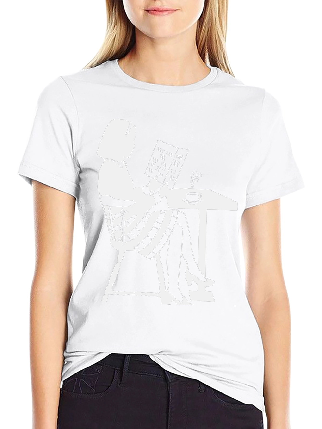 Chic Silhouette Tee: Woman Reading at Cafe