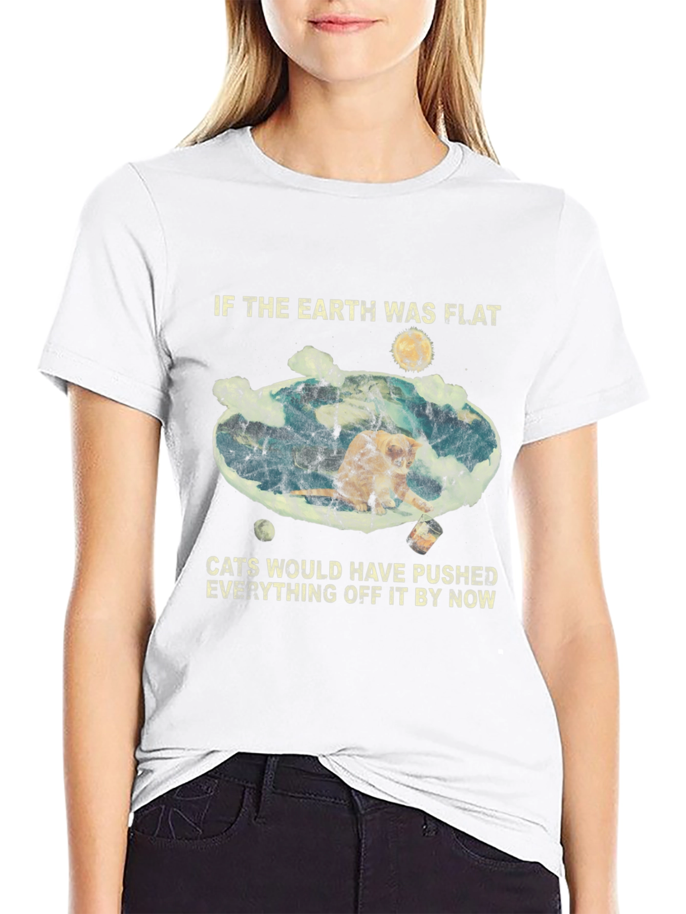 Flat Earth Cat Humor Graphic Tee