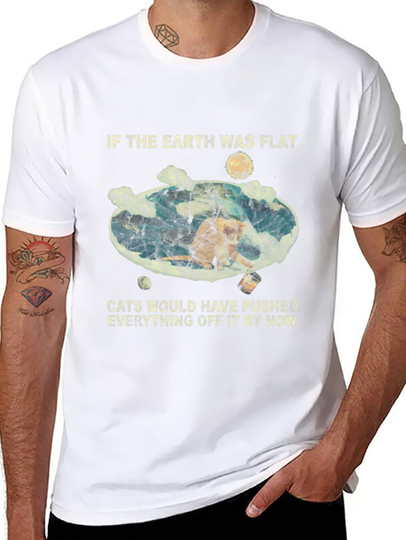Flat Earth Cat Humor Graphic Tee