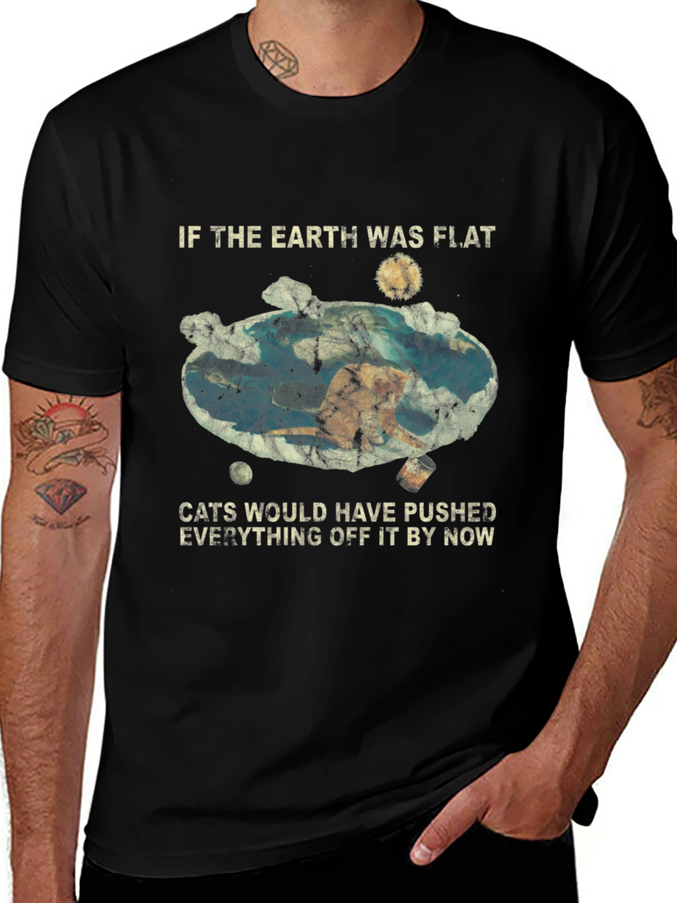 Flat Earth Cat Humor Graphic Tee