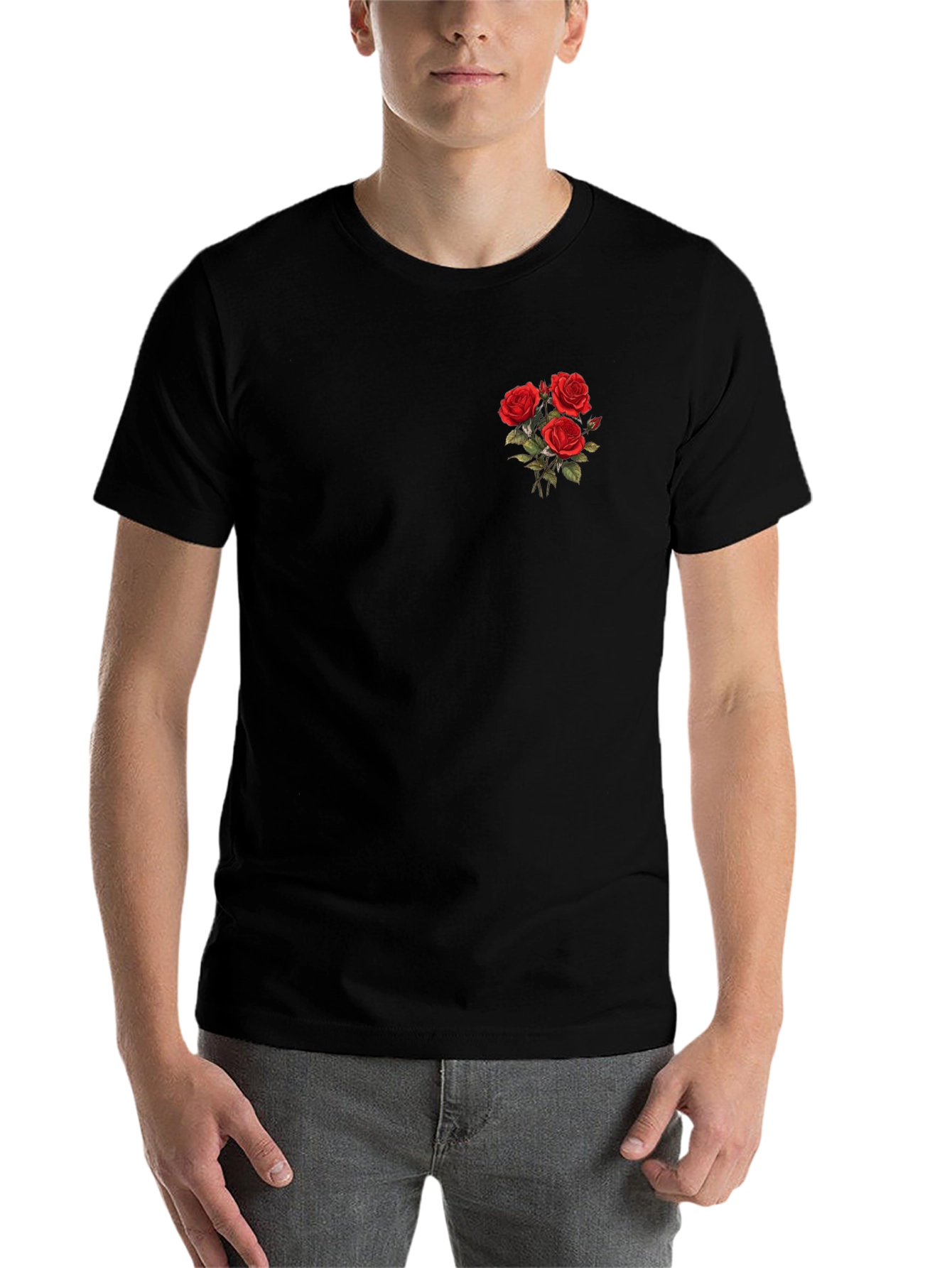 Mens Black T-Shirt with Rose Bouquet Design