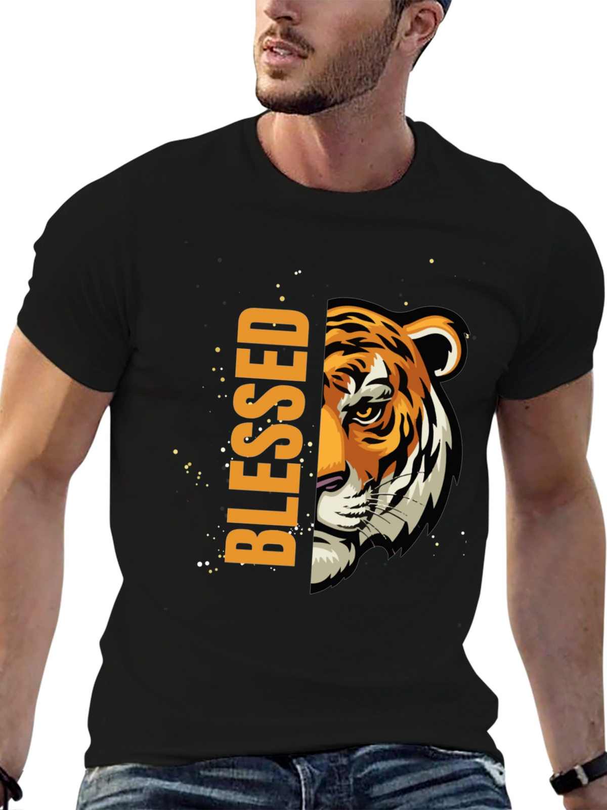 Blessed Tiger Graphic Print Black T-Shirt