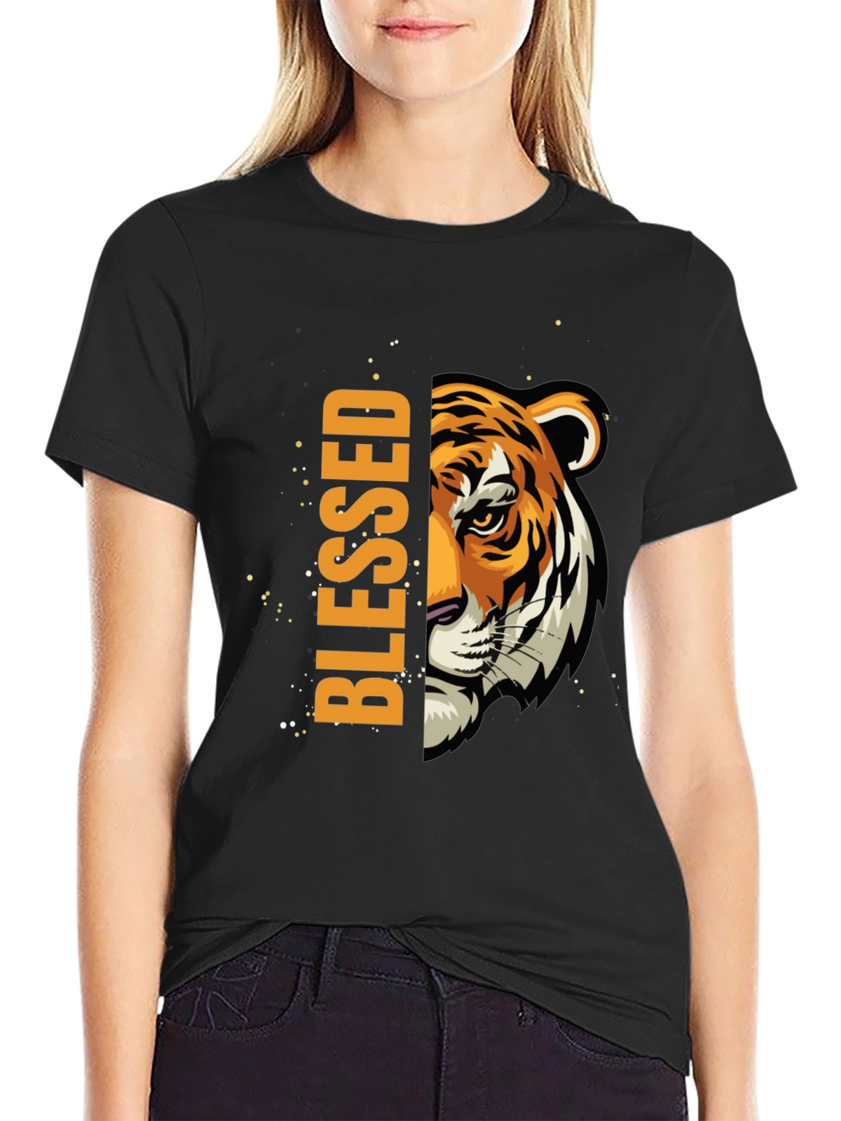 Blessed Tiger Graphic Print Black T-Shirt