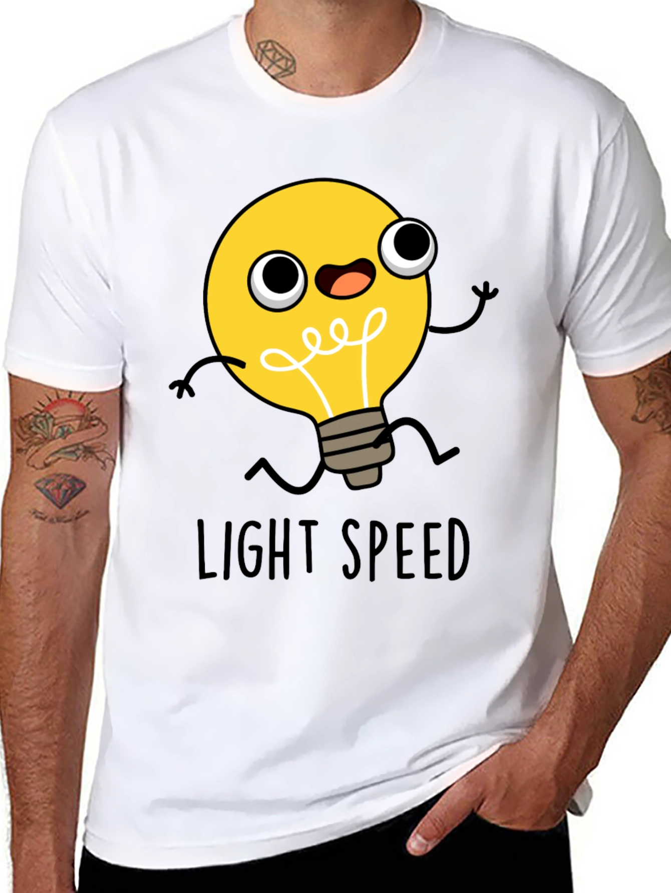 Light Speed Cartoon Lightbulb Black T-Shirt