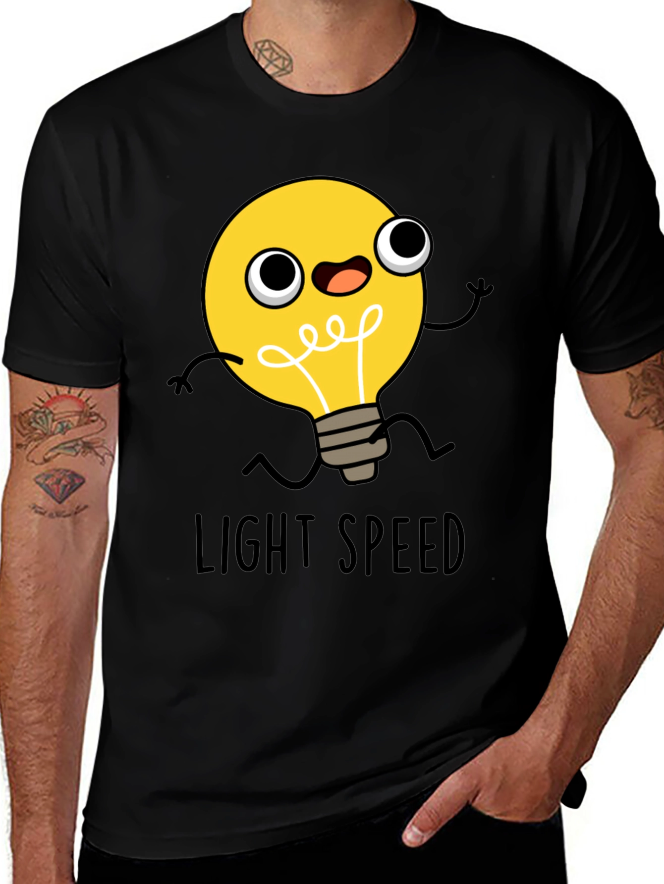 Light Speed Cartoon Lightbulb Black T-Shirt