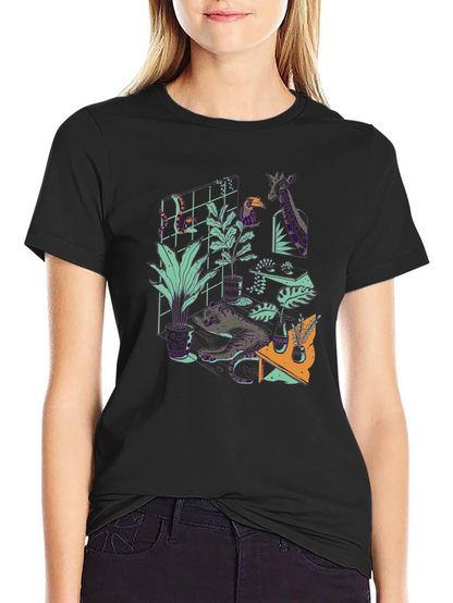 Jungle Animals Graphic Print Black T-Shirt