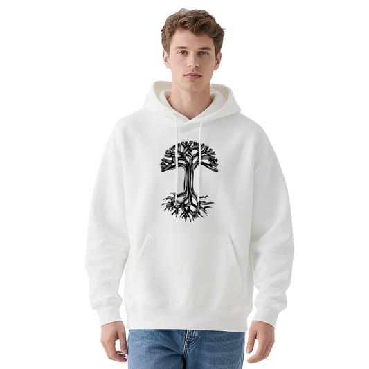 Minimal Tree Of Life Black Line White Hoodie, Cozy Simple Graphic Unisex Top