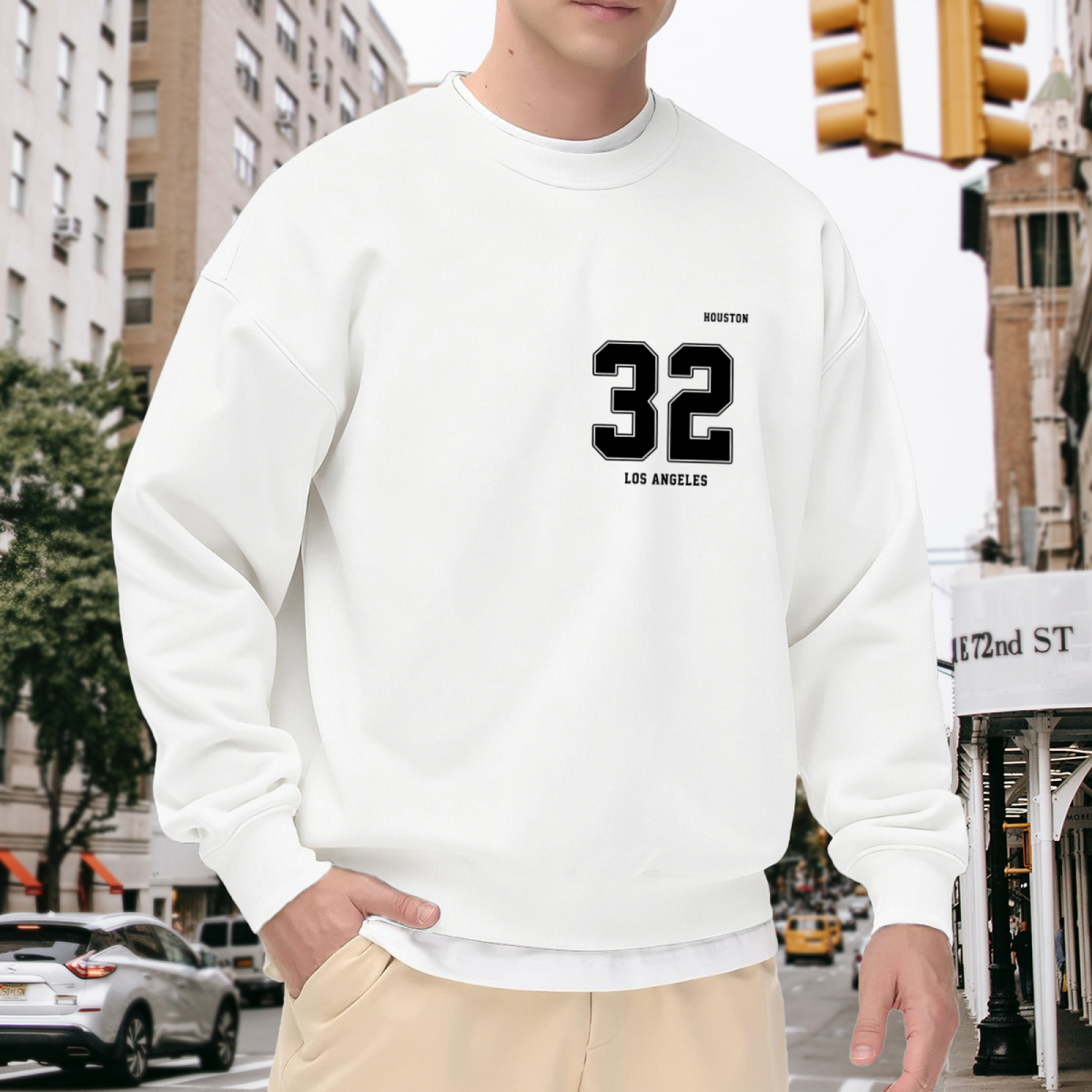 Retro 32 Houston Los Angeles Number Print White Crew Sweatshirt