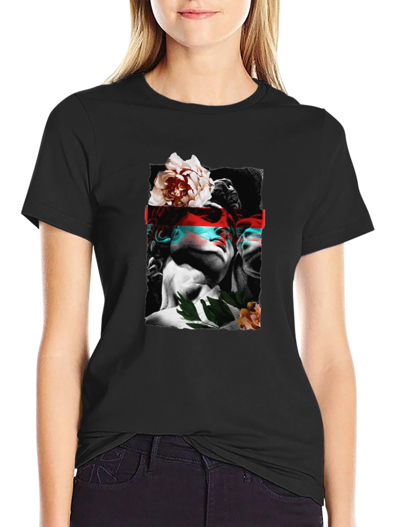 Statue & Floral Graphic Print Black T-Shirt