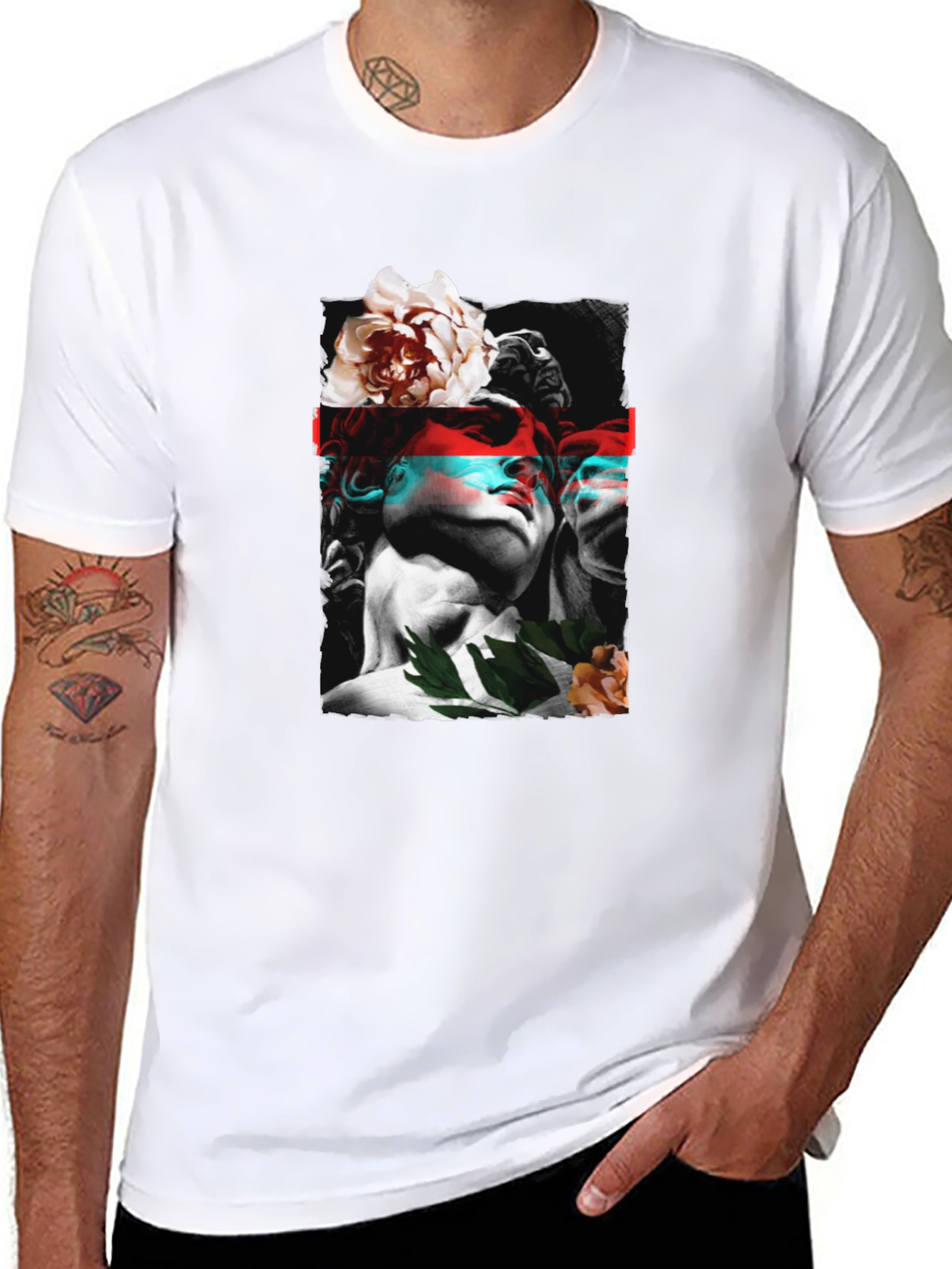 Statue & Floral Graphic Print Black T-Shirt