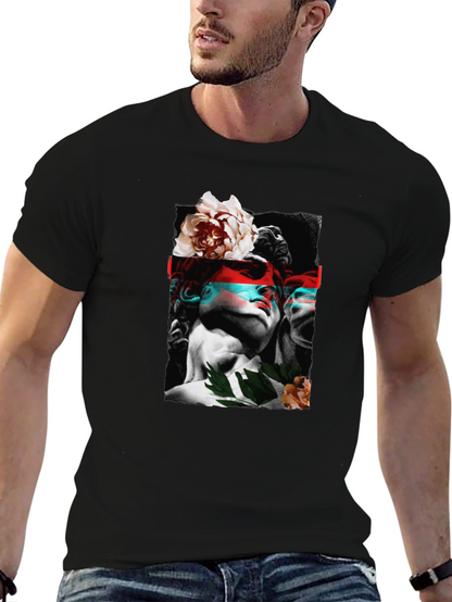 Statue & Floral Graphic Print Black T-Shirt