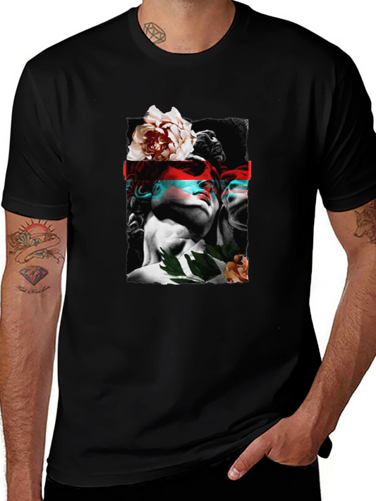 Statue & Floral Graphic Print Black T-Shirt