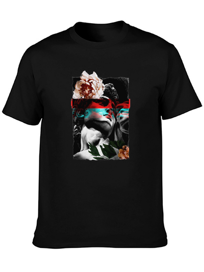 Statue & Floral Graphic Print Black T-Shirt