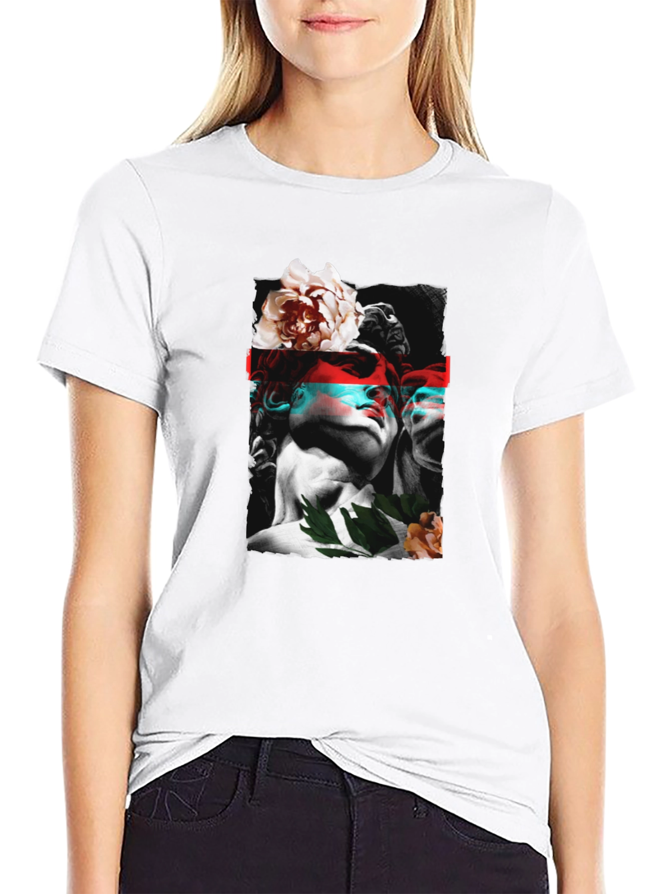 Statue & Floral Graphic Print Black T-Shirt