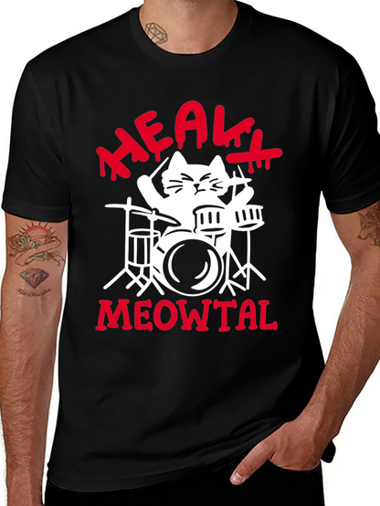 Heavy Meowtal Cat Drummer Black Graphic Tee
