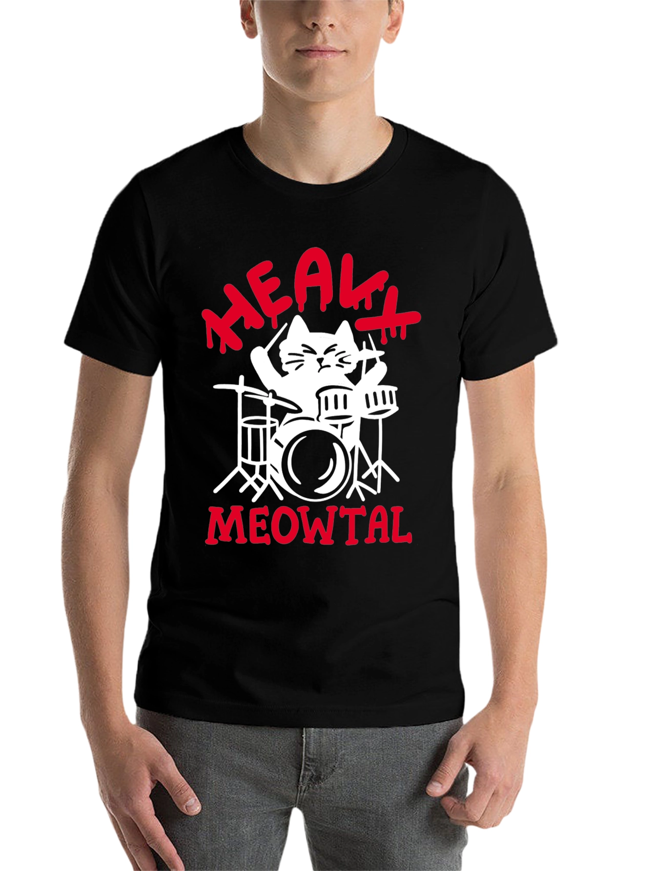 Heavy Meowtal Cat Drummer Black Graphic Tee