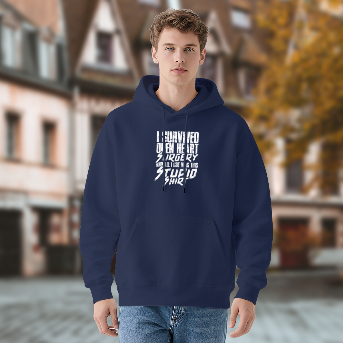I Survived Open Heart Surgery Navy Hoodie, Survivor Comfort Graphic Pullover