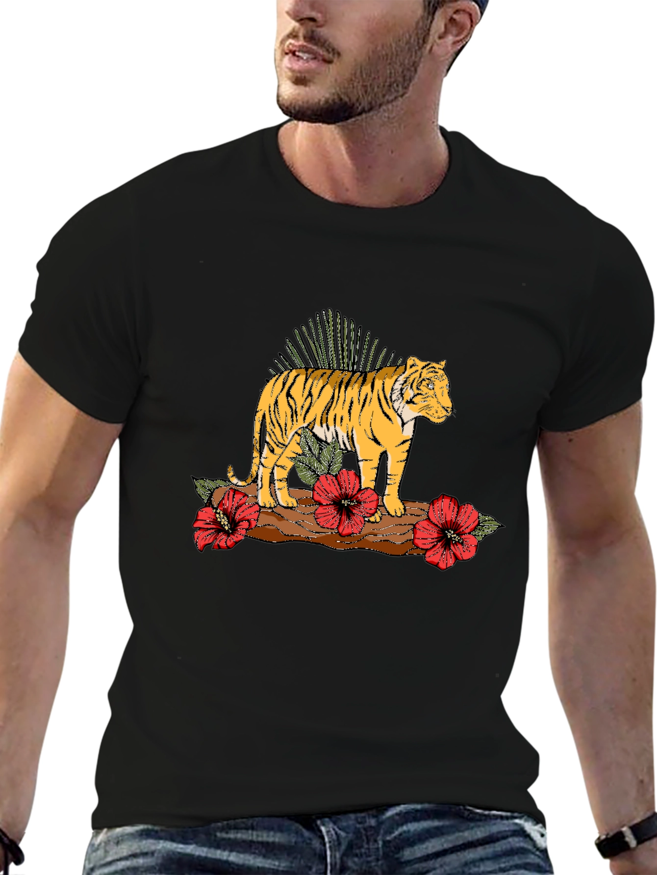 Tiger Floral Graphic Black T-Shirt