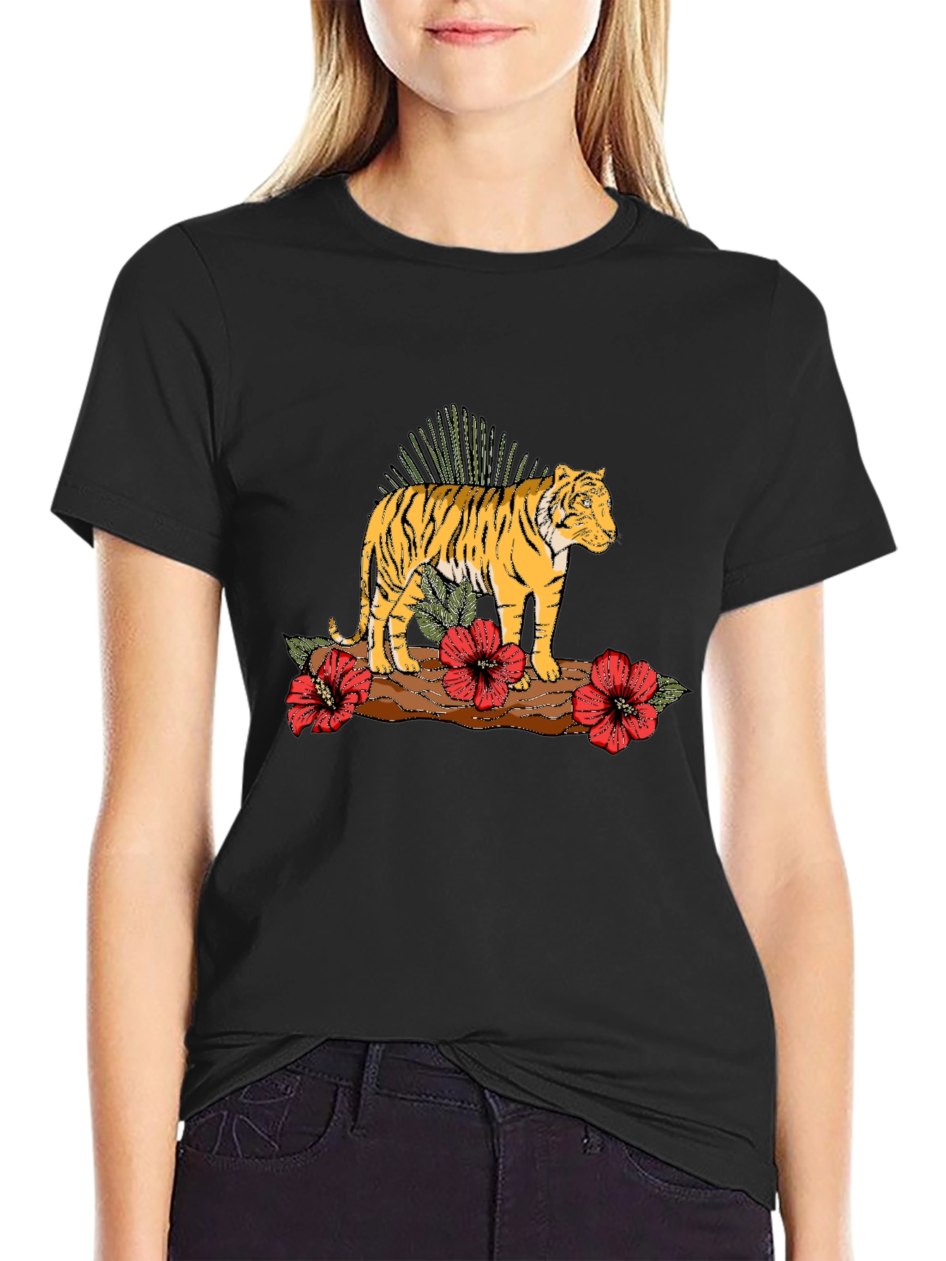 Tiger Floral Graphic Black T-Shirt