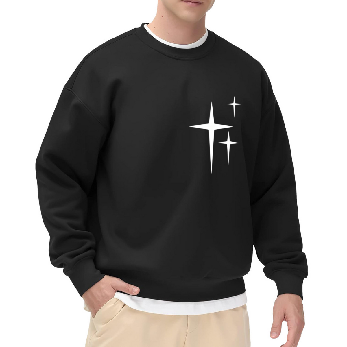 Minimal Three Star Simple Chest Logo Black Crewneck