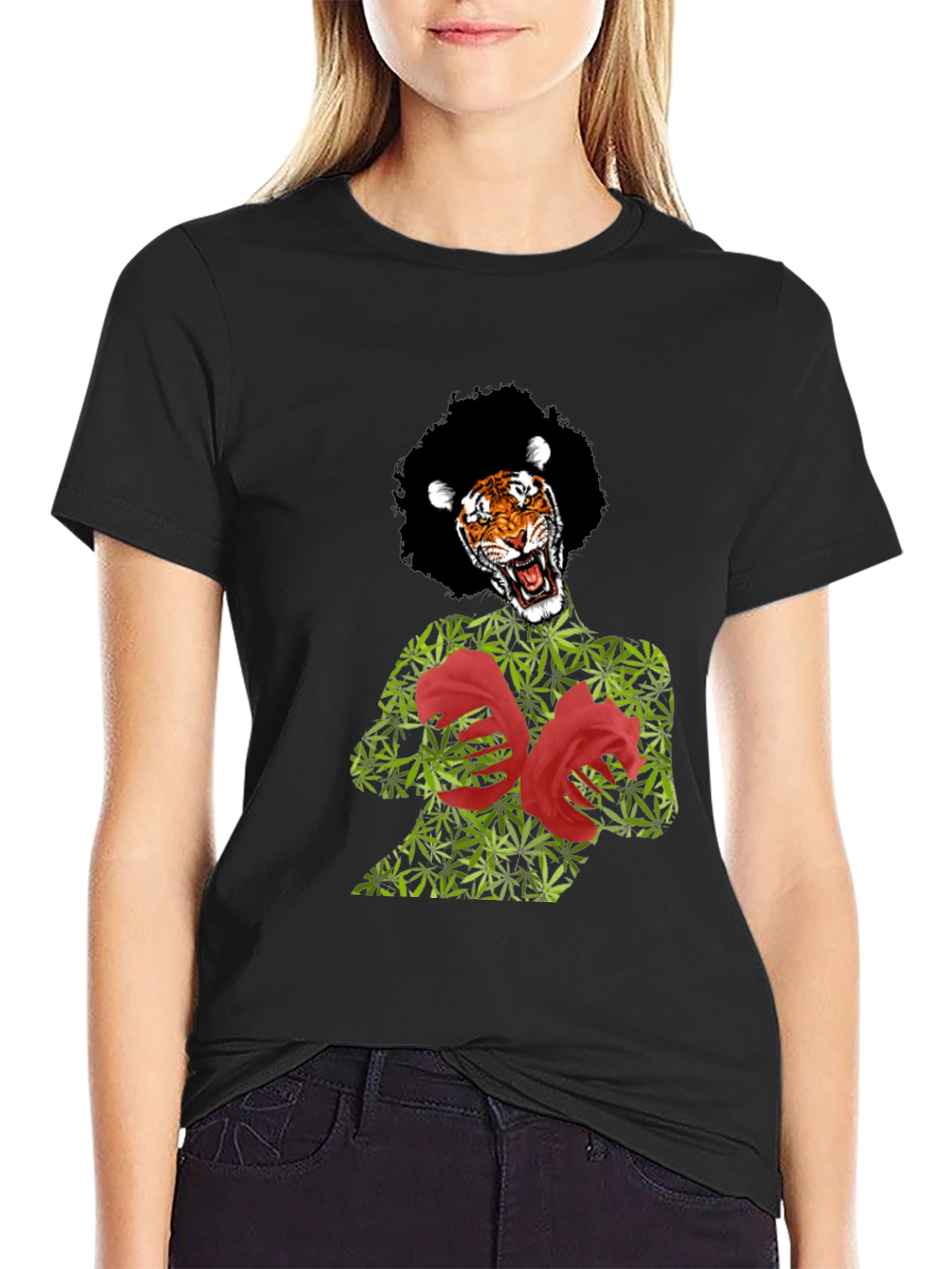 Tiger Pot Leaf & Rose Graphic T-Shirt
