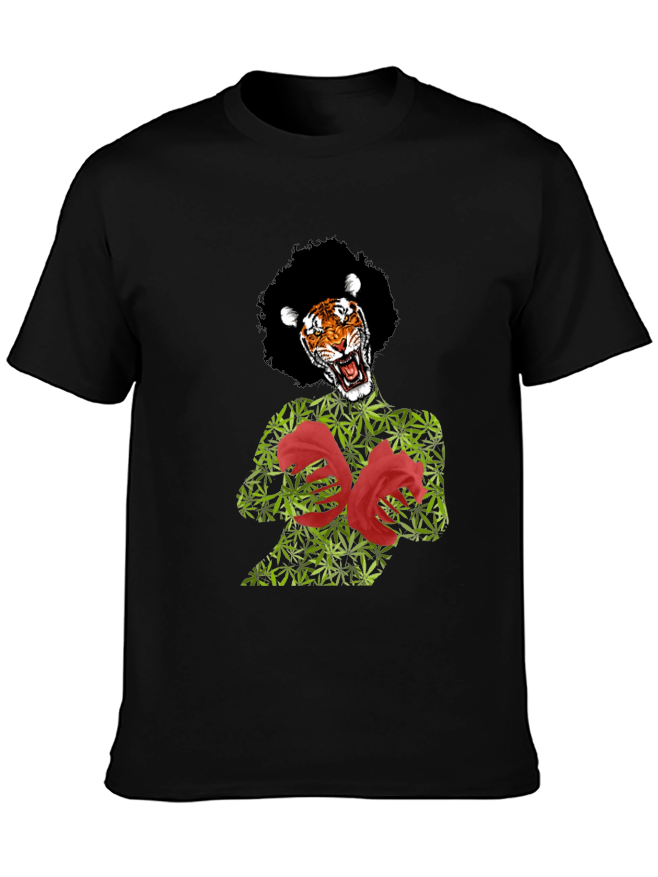 Tiger Pot Leaf & Rose Graphic T-Shirt