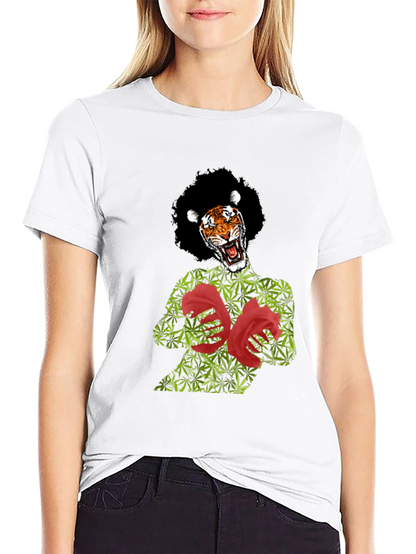 Tiger Pot Leaf & Rose Graphic T-Shirt